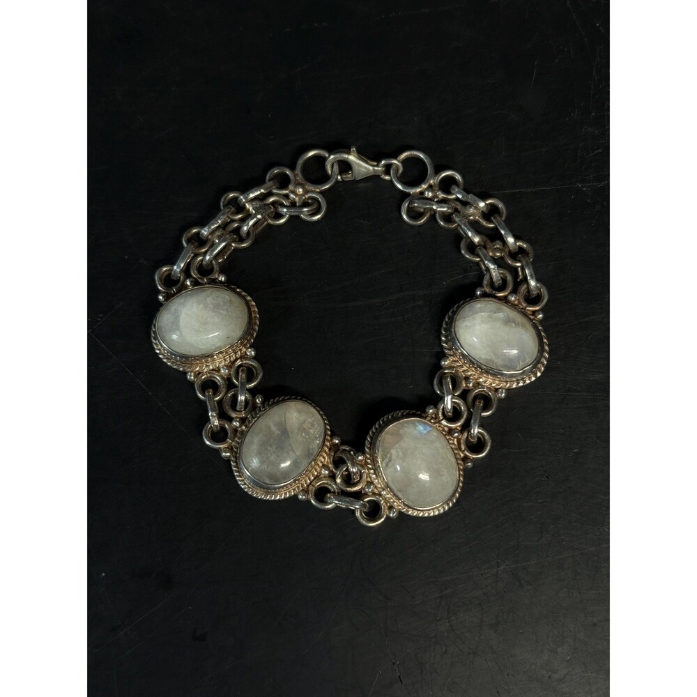 Sterling Silver Moonstone Bracelet 925 Vintage Oval Cabochon 7.5 Inch
